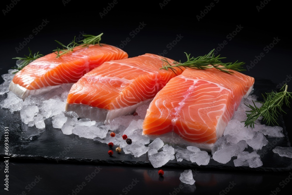 Raw salmon fillet on ice with herbs and spices on black background, Steaks of raw salmon on ice on a blue slate, AI Generated