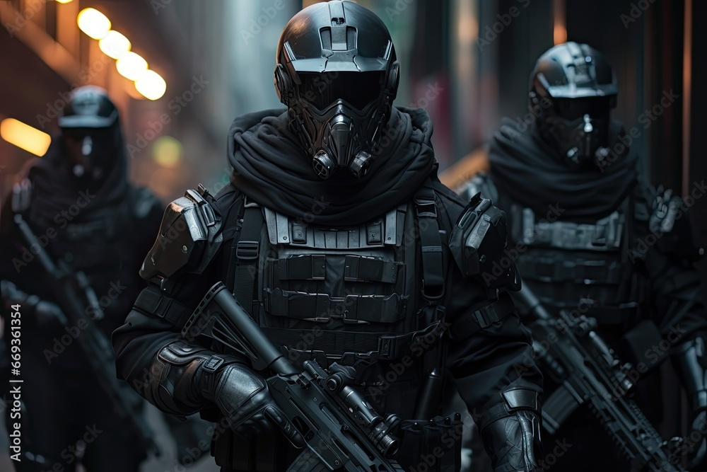 Special forces of the future. Group of soldiers in black armor and bulletproof vest, Stealth Guardians: Elite troops equipped with high-tech face masks and advanced stealth gear, AI Generated