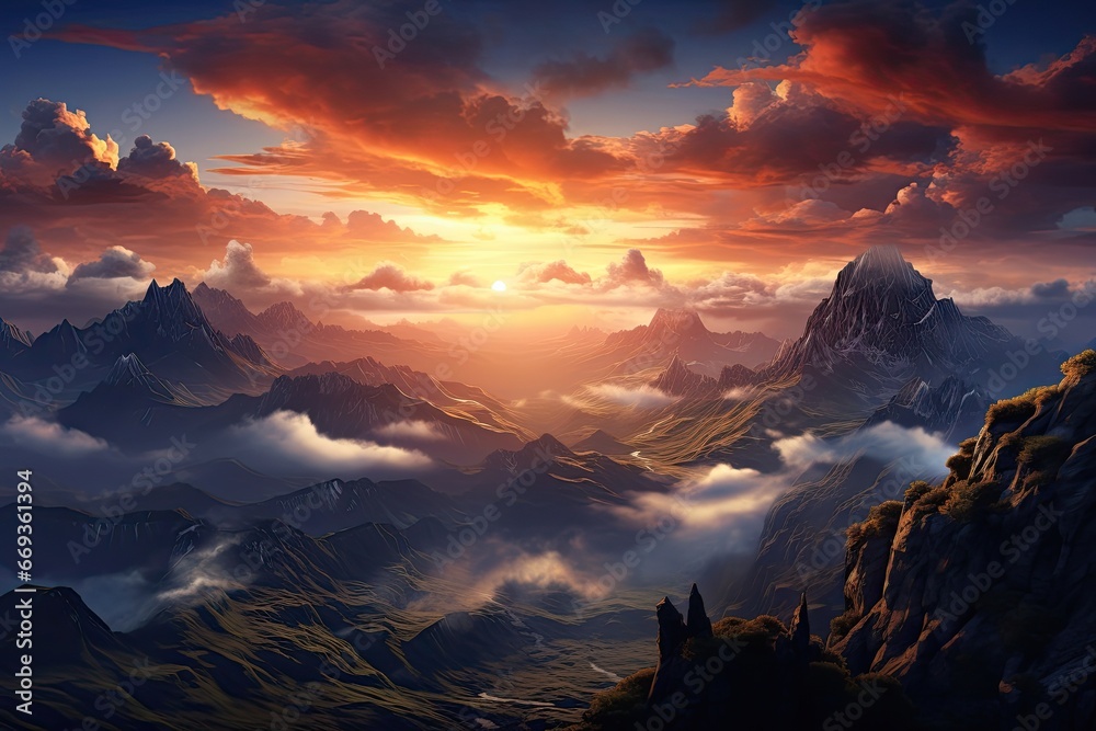 Fantasy alien planet. Mountain landscape. 3D illustration of a fantasy world, Sunrise on a mountain landscape view with clouds, AI Generated
