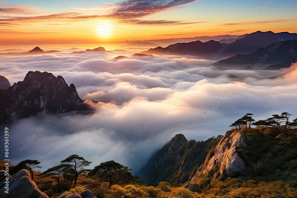 Sunrise over the clouds in Huangshan National Park, China, Sunrise on a mountain landscape view with clouds, AI Generated