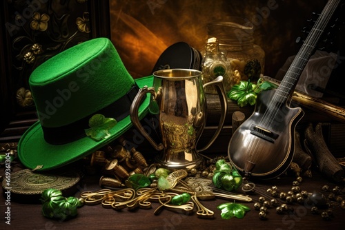 St. Patrick's Day celebration concept. Leprechaun hat, beer mug, shamrock and gold coins on wooden table, St. Patrick's Day composition with green beer, shamrock, leprechaun hat, AI Generated