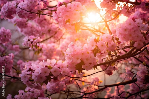 Blossoming Japanese cherry tree in the garden at sunset. Spring background, Spring blossoms and beautiful cherry tree branches with pink sakura flowers and sunbeams coming through, AI Generated