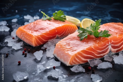 Fresh salmon fillet with lemon and parsley on dark blue background, Steaks of raw salmon on ice on a blue slate, AI Generated