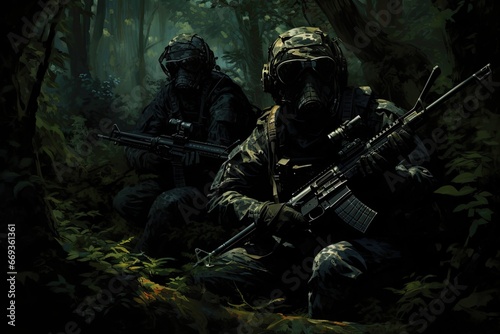 Group of soldiers in the dark forest with gas mask and assault rifle, Stealthy Shadows: Elite soldiers in camouflage uniforms and face masks, seamlessly blending into their, AI Generated