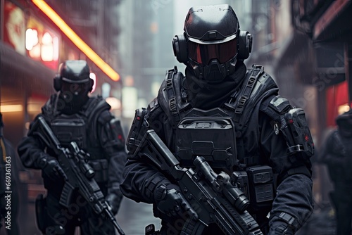 Special forces team of the police in action on the streets of the city, Stealth Guardians: Elite troops equipped with high-tech face masks and advanced stealth gear, AI Generated