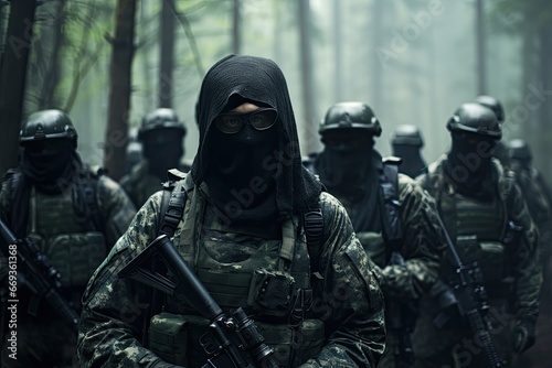 Portrait of a group of special forces soldiers in the dark forest, Stealthy Shadows: Elite soldiers in camouflage uniforms and face masks, seamlessly blending into their, AI Generated