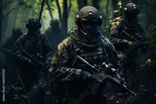 United States Navy special forces soldier in full gear with assault rifle in dark forest, Stealthy Shadows: Elite soldiers in camouflage uniforms and face masks, seamlessly blending, AI Generated