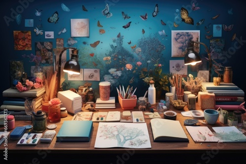 Creative workplace with books, pencils and other items on wooden table, Step into a creative corner with books, a sketch-filled diary, colorful sticky notes, and a collection of writing, AI Generated photo