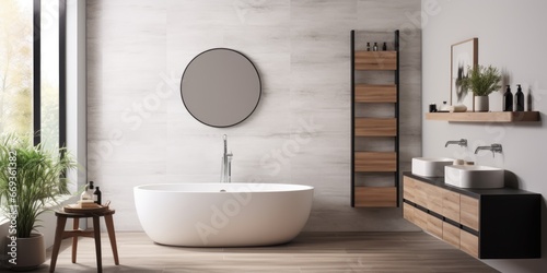 a minimalist and serene bathroom with a floating vanity  a freestanding bathtub  and a rain shower. AI Generative