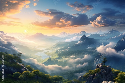 Fantastic foggy sunrise in the mountains. 3d rendering, Sunrise on a mountain landscape view with clouds, AI Generated