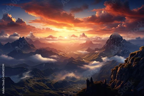 Fantasy alien planet. Mountain landscape. 3D illustration of a fantasy world, Sunrise on a mountain landscape view with clouds, AI Generated