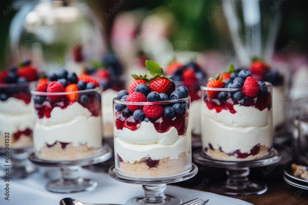 Dessert with fresh berries and whipped cream. Selective focus, Sweet tasty cakes with berries and cream on dessert table at wedding party, AI Generated Dessert with fresh berries and whipped cream. Selective focus, Sweet tasty cakes with berries and cream on dessert table at wedding party, AI Generated