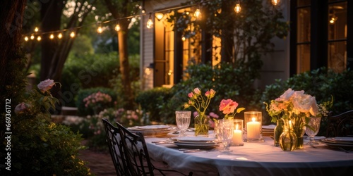 a romantic outdoor dining space with a wrought iron table, draped with flowing white linens, surrounded by candlelight and strings of twinkle lights. AI Generative © Horsi