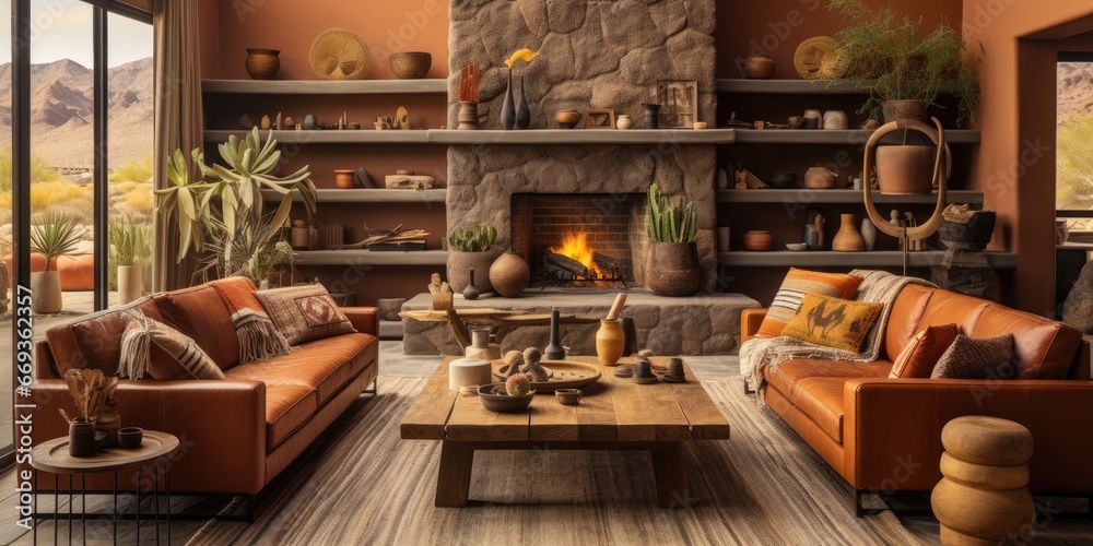 a Southwestern-inspired living room with a leather sofa, a Navajo rug, and a wood-burning fireplace. AI Generative