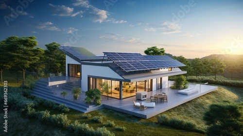 Hydrogen-Powered Home Equipped with Solar Panels and Wind Turbine © Sargodarian