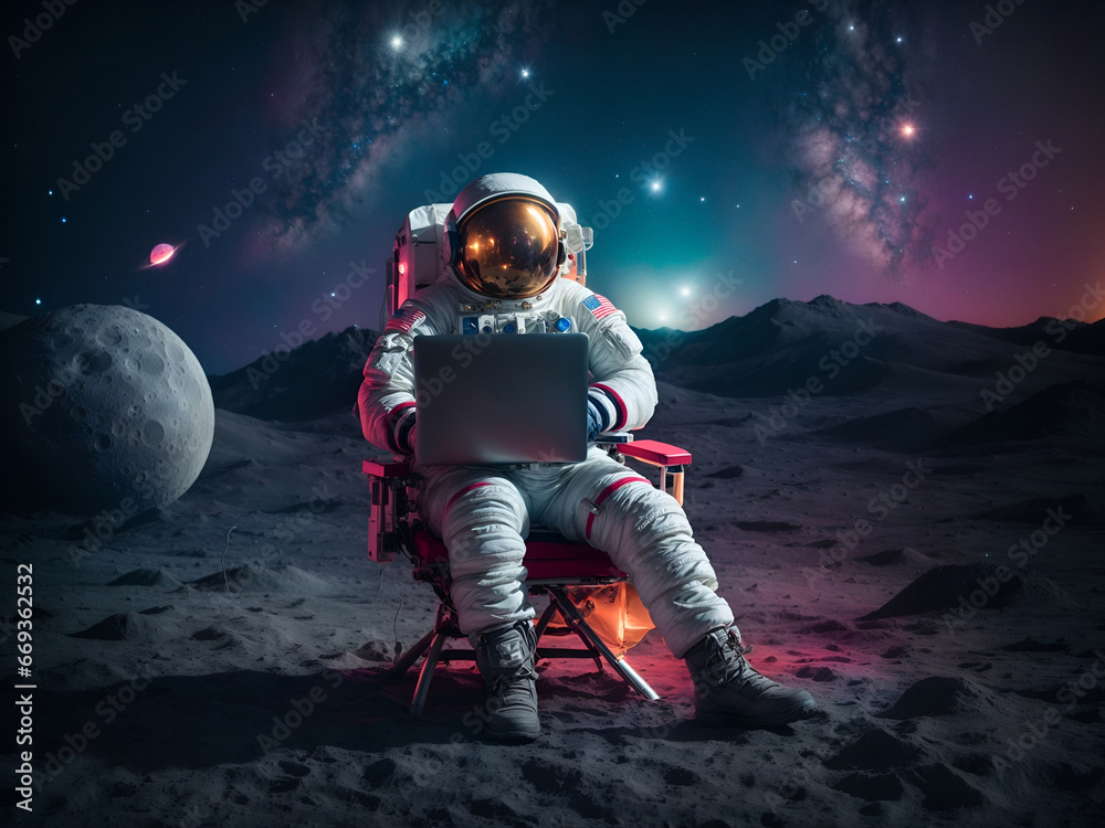 Astronaut sitting on the moon on a chair with a laptop