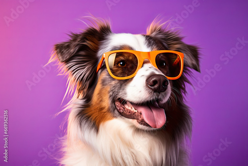 a dog australian shepherd wearing sunglasses on purple background © Rangga Bimantara