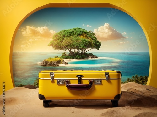 Yellow suitcase with island background © Meeza