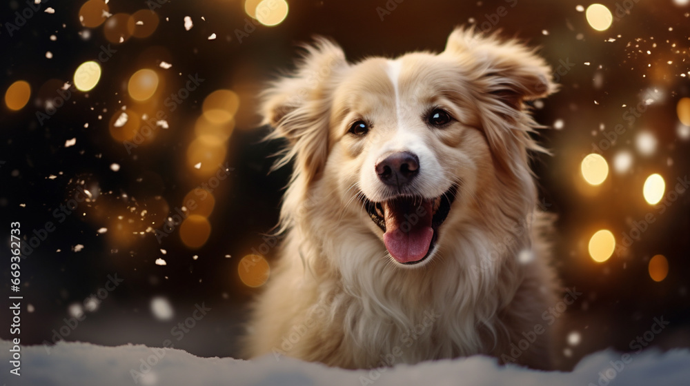Happy dog for Christmas with bokeh background Happy dog for Christmas with bokeh background