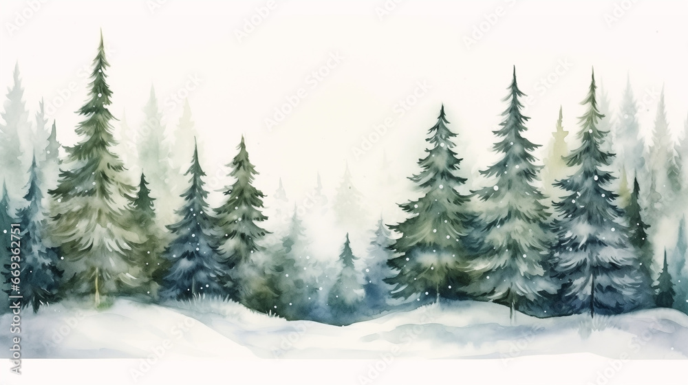 Winter spruce forest illustration watercolor for christmas background decoration