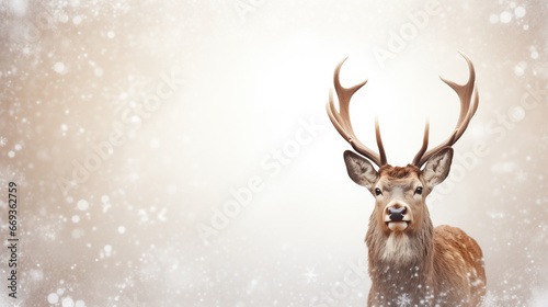 Close up Reindeer in winter forest wear Christmas scarves decoration blank for text background