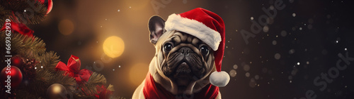 Banner with cute pug in santa claus hat. New year wallpaper, background. Festive postcard with copy space. Generative AI