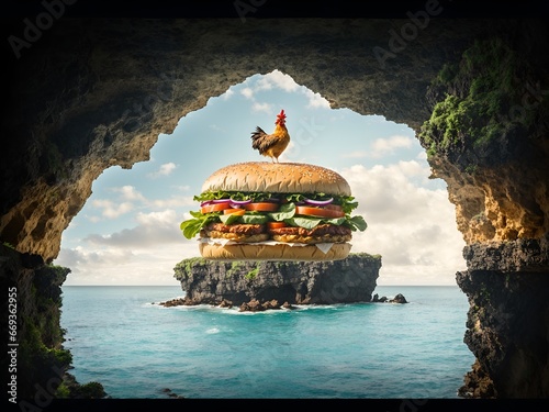 A giant sandwich towers over a tropical island, framed by a rocky cave overlooking serene waters photo
