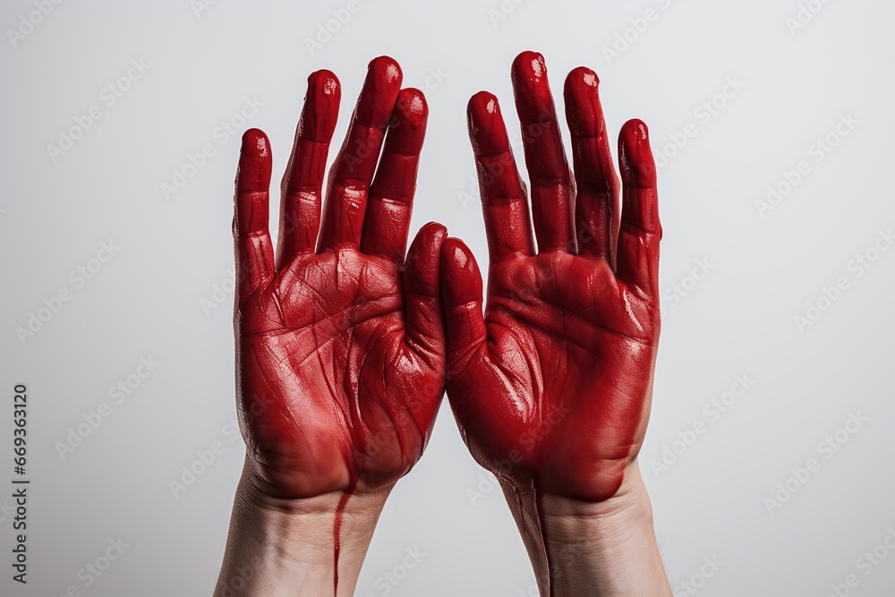 Close up of human hands covered with red paint showing stop gesture on grey background, Ai Generated Close up of human hands covered with red paint showing stop gesture on grey background, Ai Generated