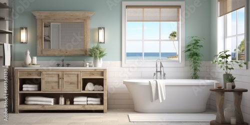 Design a beach-inspired bathroom with white subway tiles, sea glass accents, and a driftwood vanity. AI Generative © Horsi