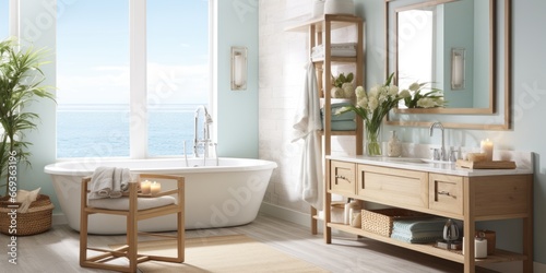 Design a beach-inspired bathroom with white subway tiles  sea glass accents  and a driftwood vanity. AI Generative