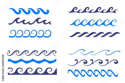 Waves line set. Waves collection vector illustration. Wave line and wavy zigzag pattern lines. Smooth end squiggly horizontal curvy squiggles