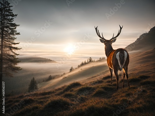A deer looking at the mountains