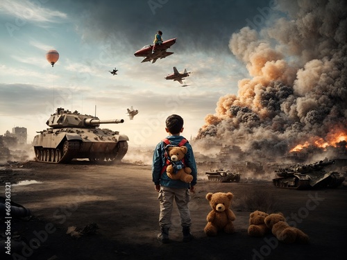 A young boy with a teddy bear on his back stands amidst a tanks and a flying jet with destroyed city in background