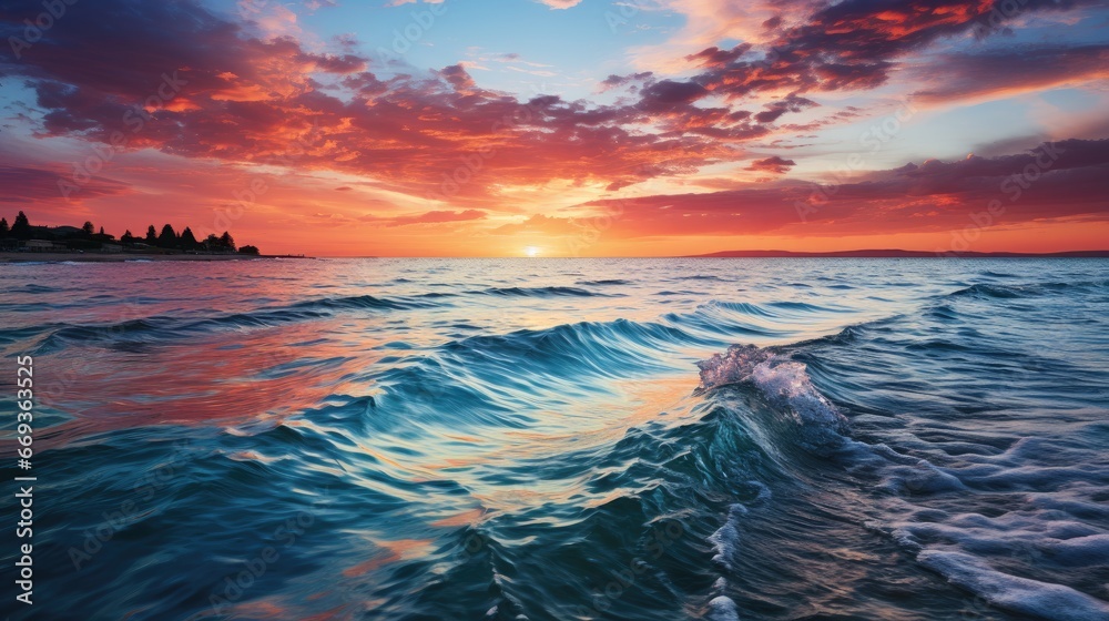 Mesmerizing Ocean Sunset. Vibrant Skies and Dynamic Waves