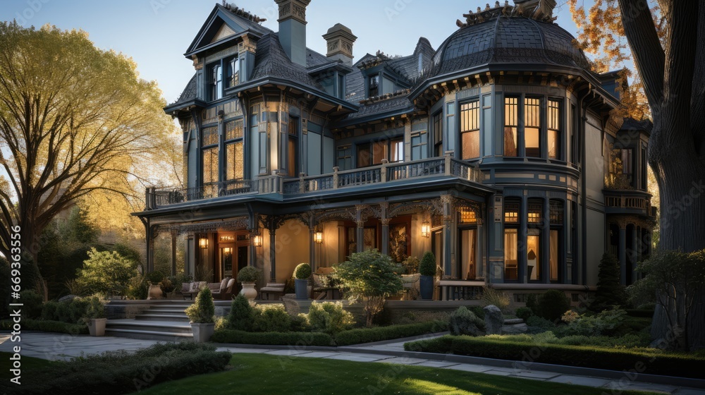 Elegant Victorian style home bathed in golden sunlight, showcasing intricate architectural details amidst lush greenery in a serene neighborhood.