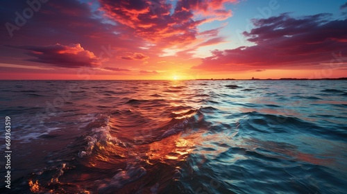 Mesmerizing Ocean Sunset. Vibrant Skies and Dynamic Waves © Tirawat