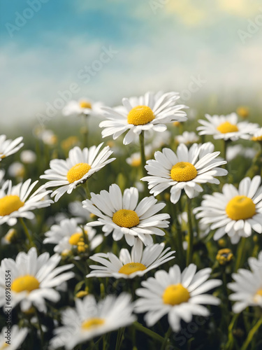 Abstract Spring Landscape Featuring Daisies in a Field 