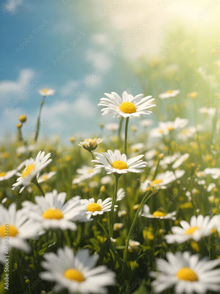 Abstract Spring Landscape Featuring Daisies in a Field
