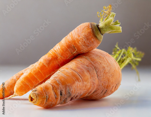 Twisted deformed and misshapen carrots. Organic imperfect examples on white background. Caused by pythium fungus.