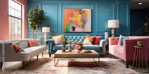 Design a colorful and eclectic living room with a mix of patterns and textures. AI Generative photo