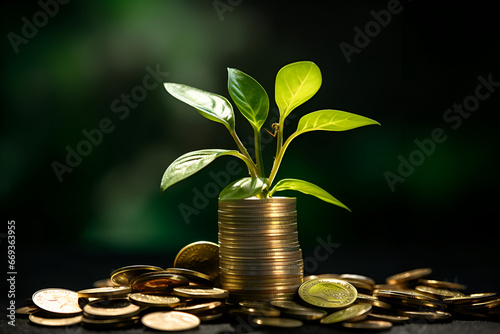 green plant is seen growing from a stack of coins on a business table, representing the concept of financial growth and prosperity, positive outcomes, wise financial decisions - AI Generative