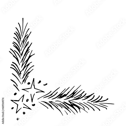 Simple black outline vector illustration, hand drawn. Coniferous branches and stars, corner. Christmas winter decor. Ink sketch.