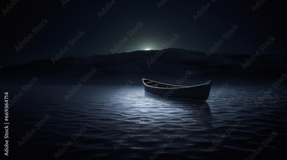 A single boat drifts through the darkness, its oars barely making a ripple in the ink black lake