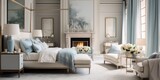 Design a luxurious master bedroom suite with a four-poster bed, silk drapes, and a marble fireplace. AI Generative