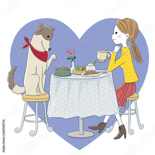 愛犬とカフェで食事をする女の子