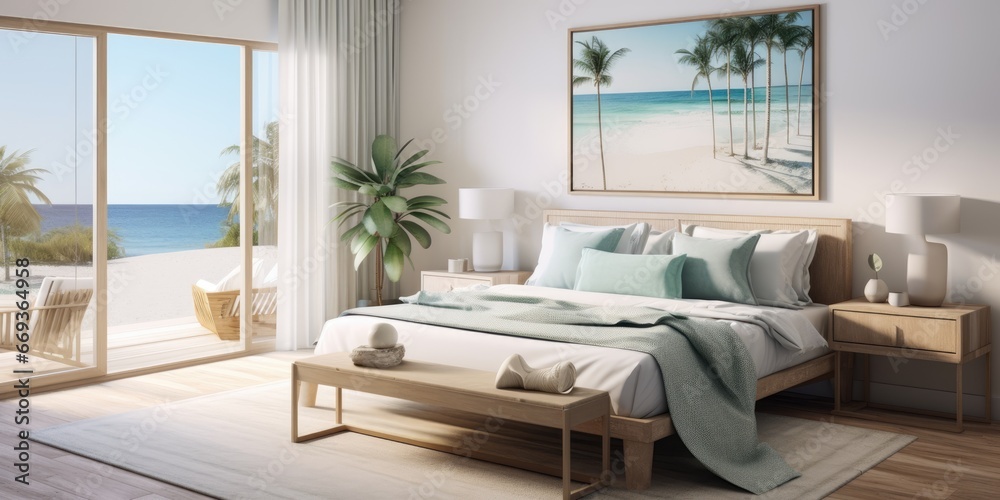 Design a modern coastal bedroom with a platform bed, ocean-inspired artwork, and a woven jute rug. AI Generative Design a modern coastal bedroom with a platform bed, ocean-inspired artwork, and a woven jute rug. AI Generative
