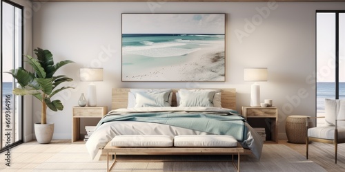 Design a modern coastal bedroom with a platform bed, ocean-inspired artwork, and a woven jute rug. AI Generative photo
