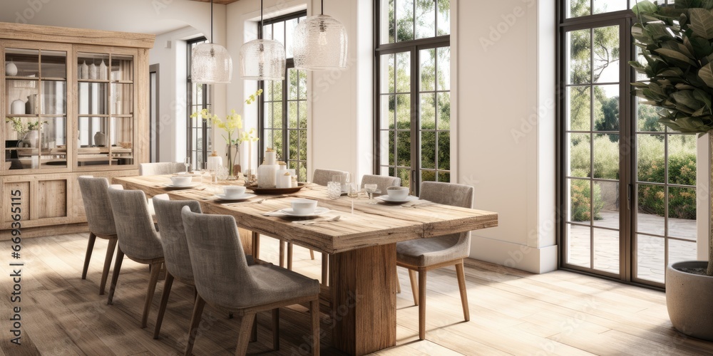 Design a modern farmhouse dining room with a reclaimed wood table, linen slip covered chairs, and a statement light fixture. AI Generative Design a modern farmhouse dining room with a reclaimed wood table, linen slip covered chairs, and a statement light fixture. AI Generative