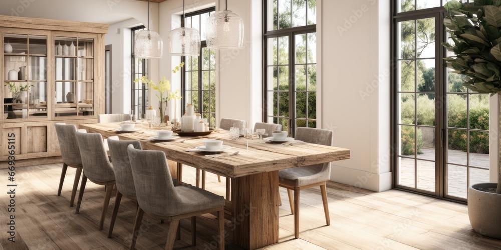 Design a modern farmhouse dining room with a reclaimed wood table, linen slip covered chairs, and a statement light fixture. AI Generative