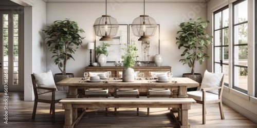 Design a modern farmhouse dining room with a reclaimed wood table, linen slip covered chairs, and a statement light fixture. AI Generative photo